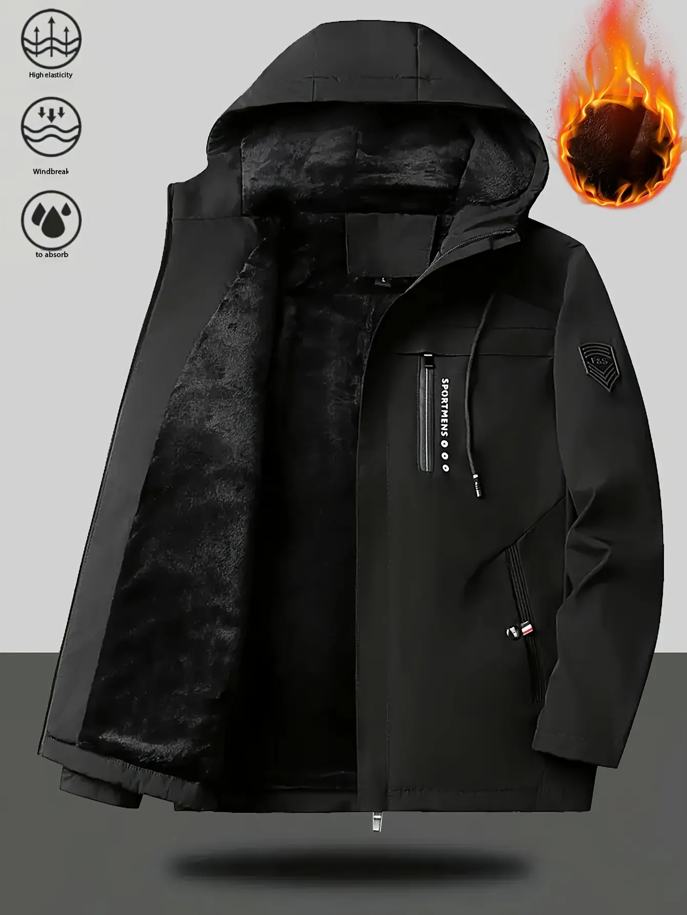 Men's Heavyweight Full Zip Hooded Jacket Windproof High Quality Coat Machine Washable Shell for Cold Weather & Formal Occasions Winter Warm Coat Casual Menswear Black Long Sleeve Wetsuit Stylish