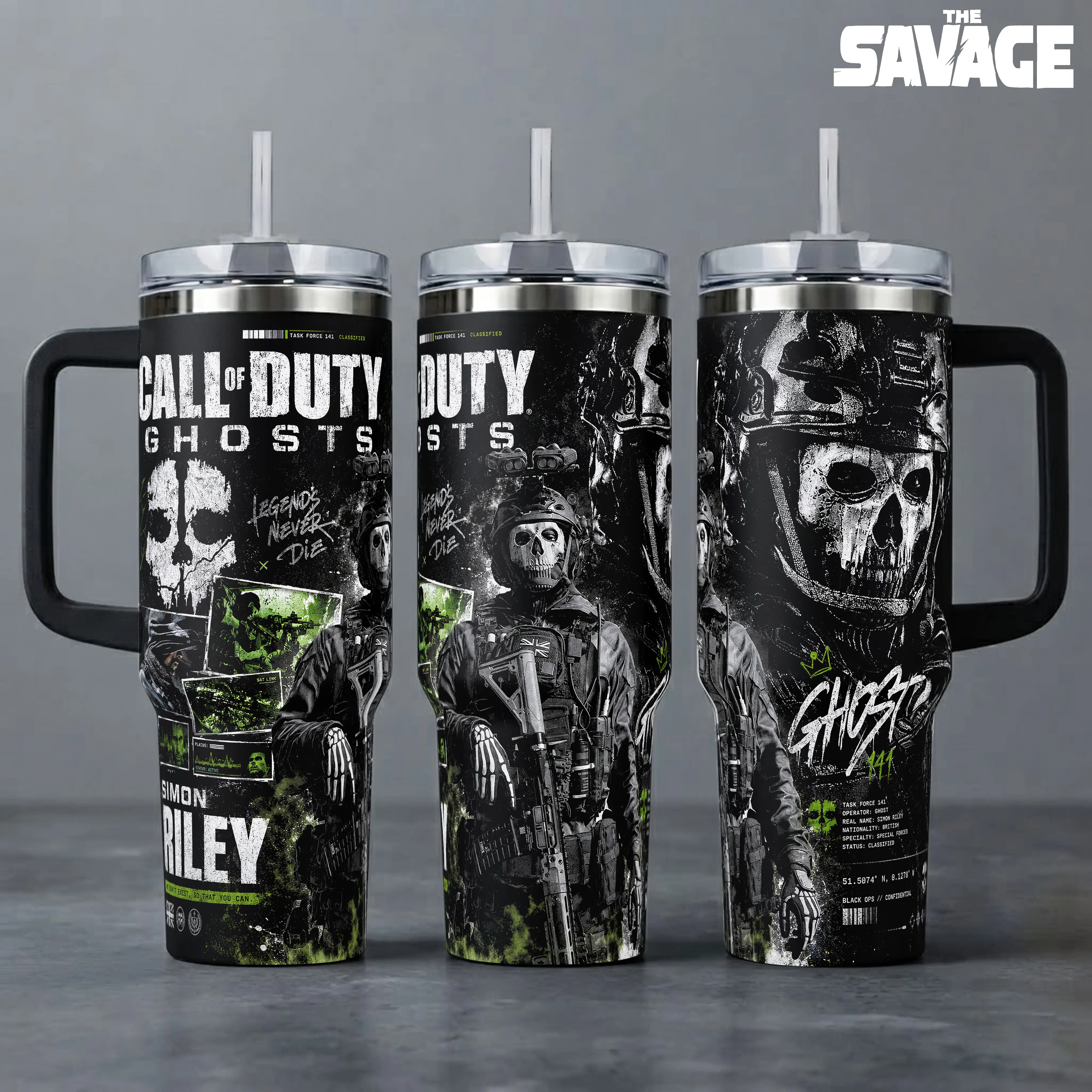 Call of Duty Ghost Simon Riley Stainless Steel Insulated Tumbler - 40oz Handle Cup, 20oz Coffee Travel Mug with Silicone Lid, Printed Task Force 141 Graphics, Gaming Gift for Fans, Insulation