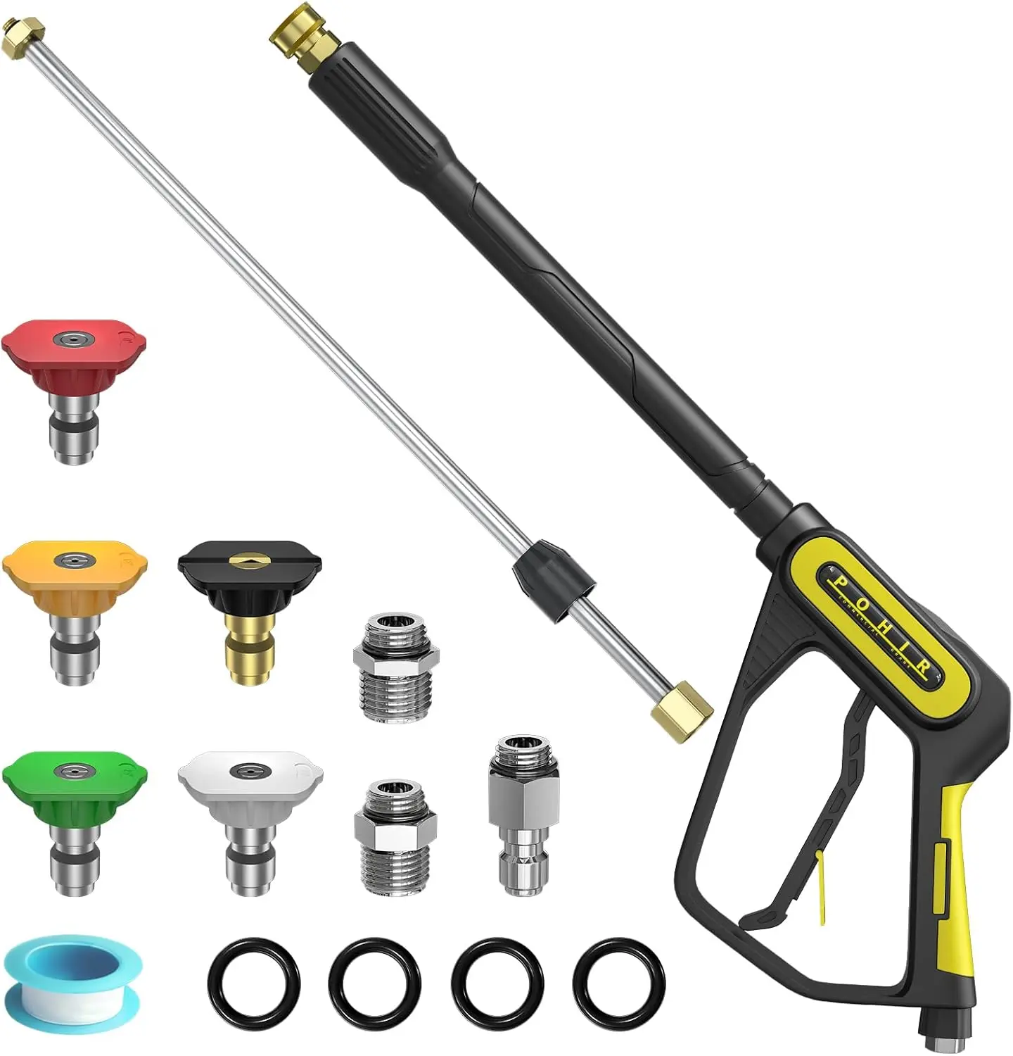 POHIR High-Pressure Washer Tool - 40 Inch Adjustable Wand Extension, 3/8" Swivel Plug, M22-14/15mm Fitting, 5 Nozzle Tips for Hose-Powered Units, High-Pressure Pressure Washers