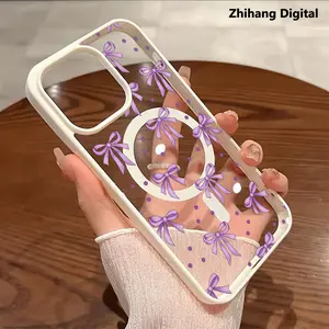 Purple Bow Pattern Phone Case For iPhone 17 Pro Max 17Air 16 Plus 15 14 13 12 11 Transparent Cover Hard Transparent Acrylic Back Matte TPU Edges Magnetic Protective Casing Supports wireless charging