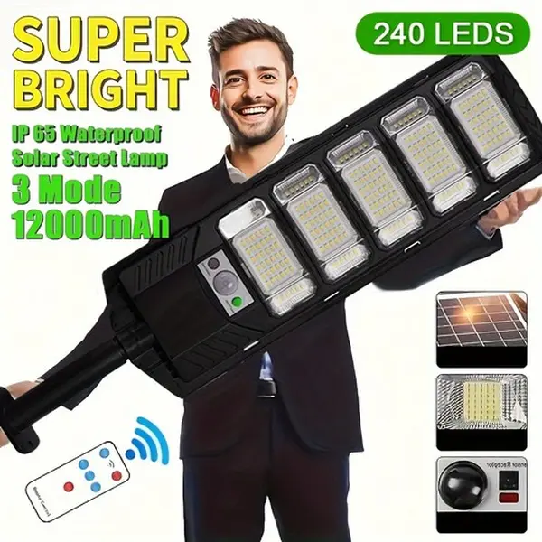 GMOX 4-Pack 15000LM 240-LED Solar Street Light, Motion Sensor Outdoor Security Fixture with Remote Control, IP65 Waterproof 3-Mode Dusk-to-Dawn Flood Fixture for Outdoor Spaces