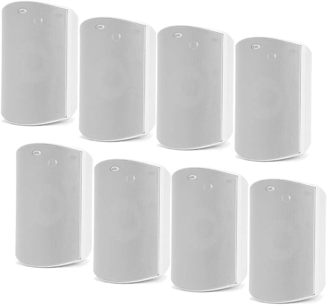 Polk Audio Atrium8 Wired Weatherproof Outdoor Stereo Loudspeakers - 8-Pack Bundle Pack (White), Balanced Full Coverage Sound, Consistent Sound Levels, Multiple Zones Compatibility, Added Value, Comfortable Listening Levels