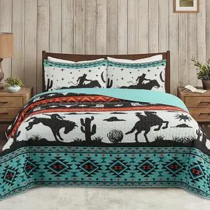 3 Piece South Western Quilt Bedspread Set Cowboy Polyester Reversible Design Bedding Set Queen/King Size Coverlet Set for Home Decor Gift