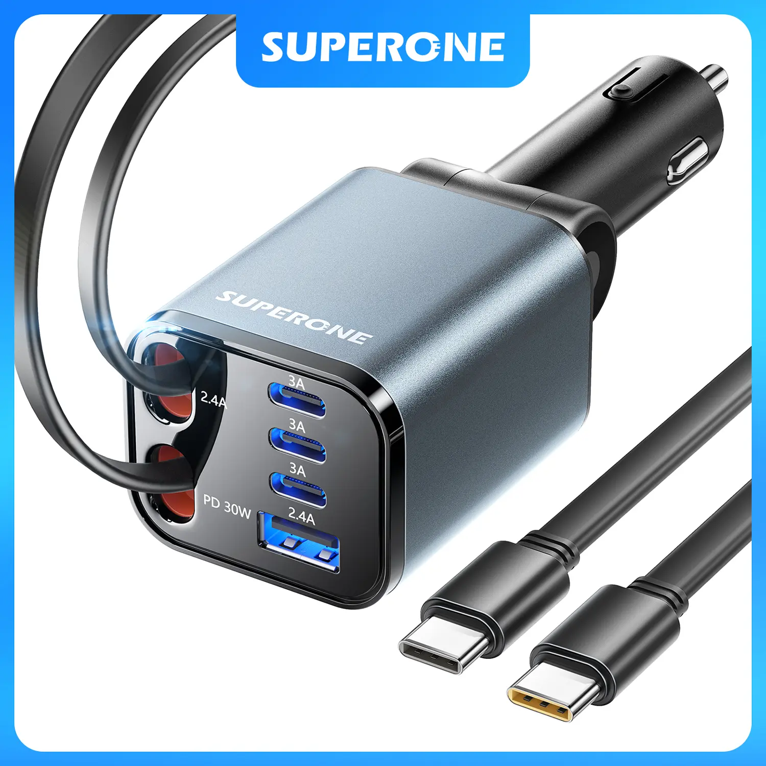 SUPERONE 99W Retractable Car Charger, PD 30W High Speed Fast Charging Solution, USB-C Adapter with Cables for iPhone 17/16/15/14/13/12 & Samsung, Black Cars Accessories for iPhone Users summervibes summerwins,summerwins