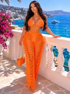 Women's Crochet Fringe 2 Piece Pants Set Beach Vacation Outfit Resort Wear Coastal Chic Beachwear