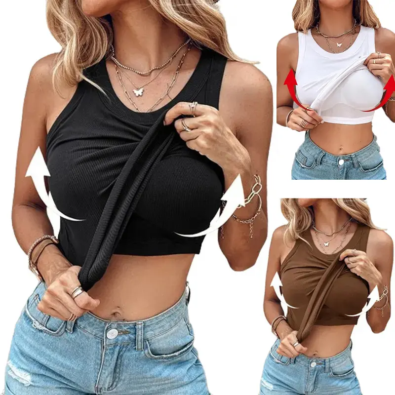 EssElegance Women's Ribbed Tank Top with Built-In Bra, Seamless Padded Racerback Cami, Everyday Wirefree Basic Going Out Crop Top