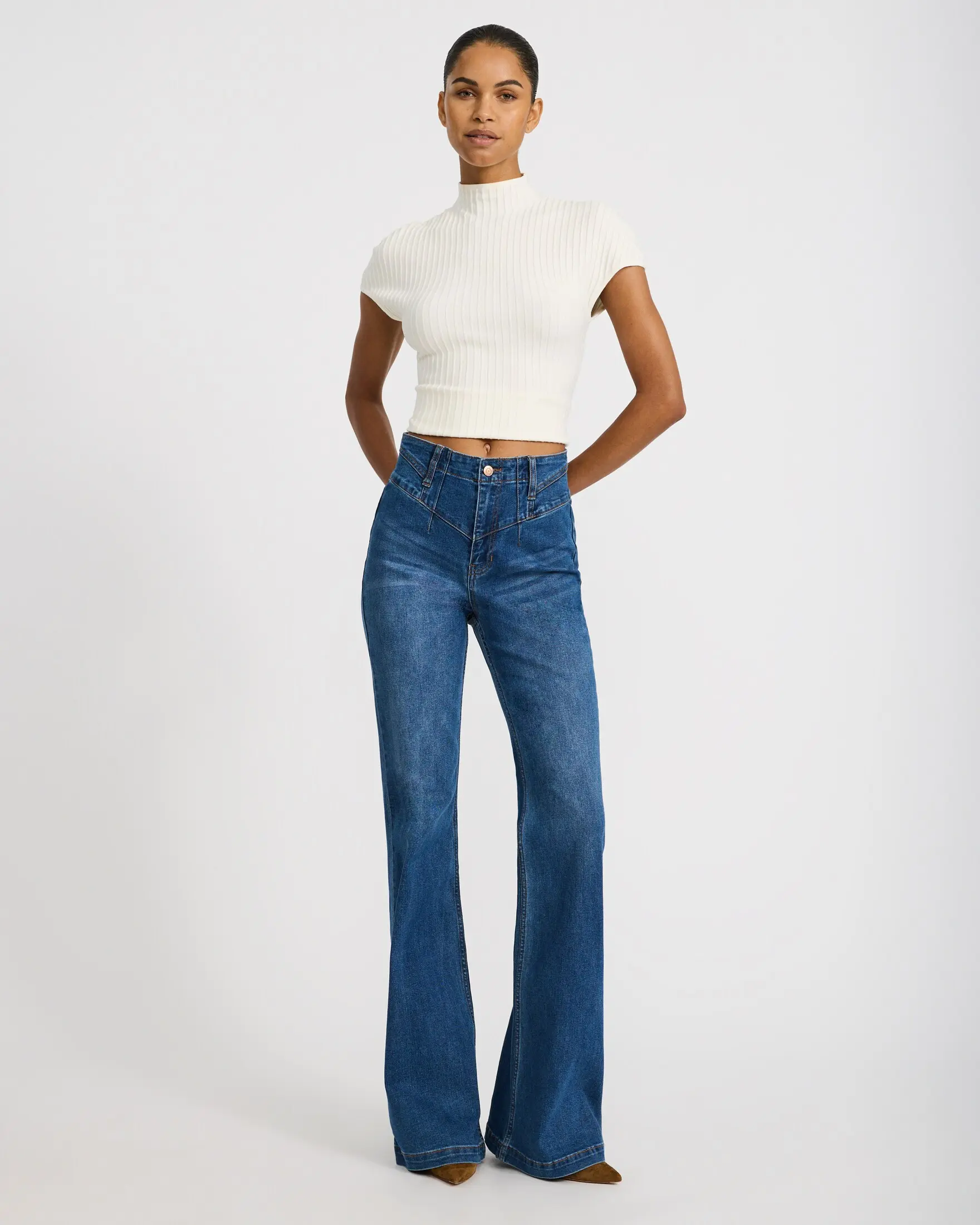 Express High Waisted Medium Wash '70s Flare Jeans