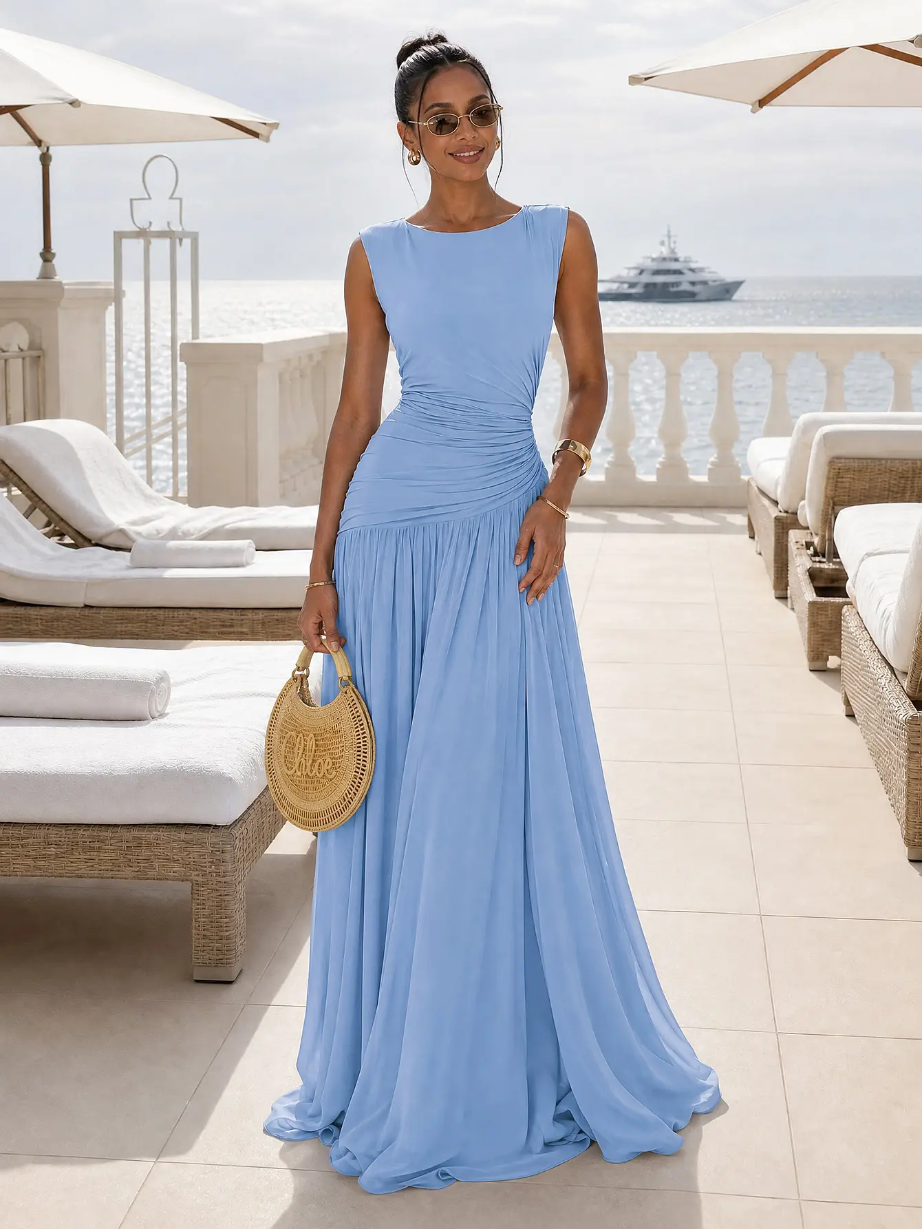 CurvySweet Juliette Women's Chic Sleeveless A-Type Maxi Dress - Backless Ruched Mesh Gown with Tummy Control Tie, Baby Blue Formal Wedding Guest Dress, Formal Dresses