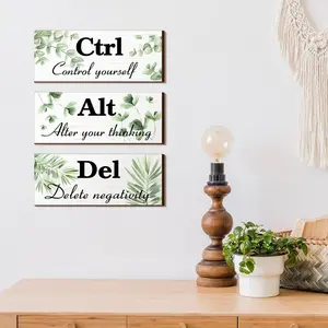 3 Pcs Office Wall Decor Green Leaves Wood Rustic Design Hanging Cubicle Decor Summer Inspirational Ctrl Alt Del Sign Decoration for Bathroom Indoor Home Living Room Home Business Decor