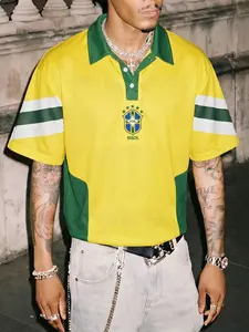 Men's Vintage Colorblock Apparel Jersey, Contrast Collar Short Sleeve, Football Badge Design, Street Style Casual Fitted Top