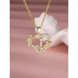 Tsnamer 1Pc Exquisite Cubic Zirconia Initial Necklace Heart Carved 26 Letter A-Z And Flower Necklace  Women Daily Decoration     her for perfect  gift jewelry