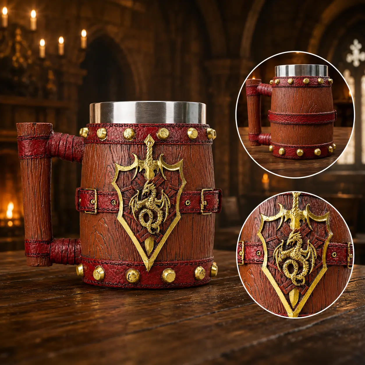 The Armored Kingdom Blazing Dragon Sigil Guard Mug-16oz Sturdy Stainless Steel Reusable Coffee Mug - Barrel Shape, Medieval Theme, Golden Blazing Dragon Sigil, Reinforced Grip, Washable Kitchenware Drinkware, Customised for Fantasy Lovers & Cosplay Use, D