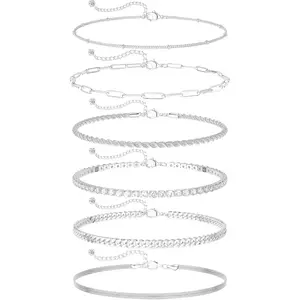 6PCS Dainty Silver Ankle Bracelets for Women Waterproof, Stainless Steel Silver Anklets Jewelry Layered Cuban Chain Herringbone Cute Anklets Set Pack Summer Beach Gift for Women Teen