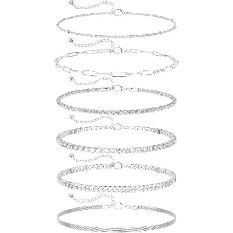 6PCS Dainty Silver Ankle Bracelets for Women Waterproof, Stainless Steel Silver Anklets Jewelry Layered Cuban Chain Herringbone Cute Anklets Set Pack Summer Beach Gift for Women Teen