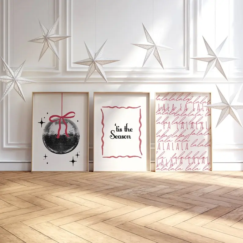 Christmas Gallery Wall Art Set, Disco Ball Poster SET OF 3 Prints  Holiday Poster, Holiday Season  Red Decor, Printable Wall Art Trendy Retro Posters Room Decor