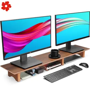 New Large Dual Monitor Stand Riser Solid Wood Desk Shelf Cork Keyboard & Mouse
