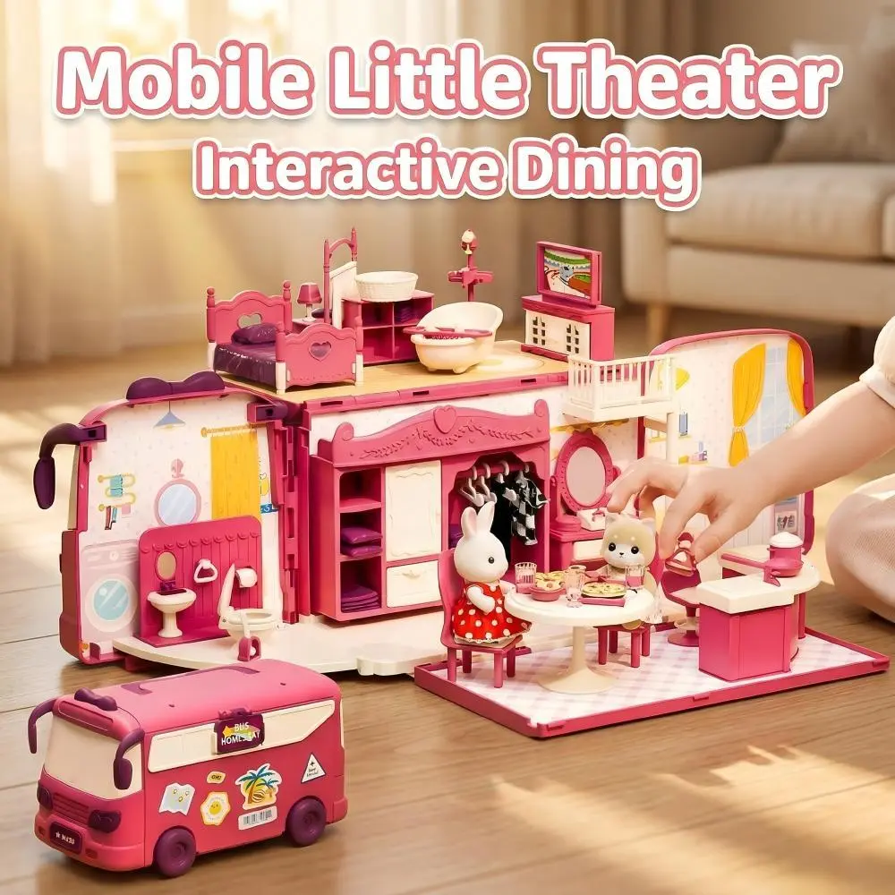 1-in-1 Foldable ABS Plastic Travel Toy Bus & Toddler Playhouse Role Play Set with Carry Handle, Storage, Furniture, Animal Plush Toys, Transforms for 3-4 Years Girls' On-the-Go Imaginative Pretend Play
