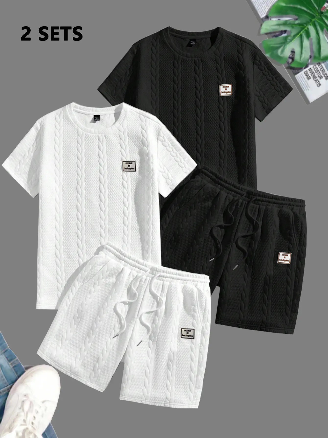 Men's 2-Piece Casual Round Neck Solid-Colored Polo Shirt & Lace-Tied Waist Shorts Set - Comfortable, Breathable Logo Sportswear for Summer Everyday Outdoor Men's Clothes, Two Piece Set