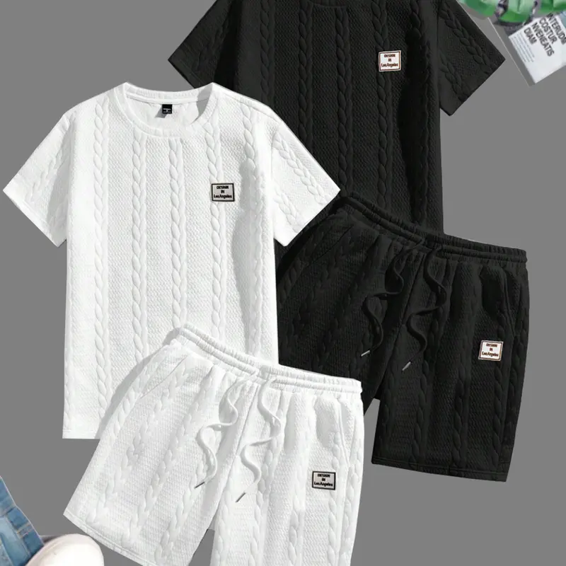 Men's 2-Piece Casual Round Neck Solid-Colored Polo Shirt & Lace-Tied Waist Shorts Set - Comfortable, Breathable Logo Sportswear for Summer Everyday Outdoor Men's Clothes, Two Piece Set