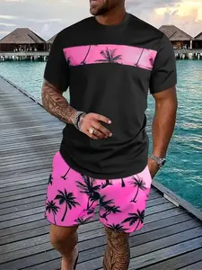 Summer Vibe Tropical Coconut Tree Print Short Sleeve Fitted Tee Top and Shorts Matching Set, Trendy Men's Beach Casual Two-Piece for All Seasons