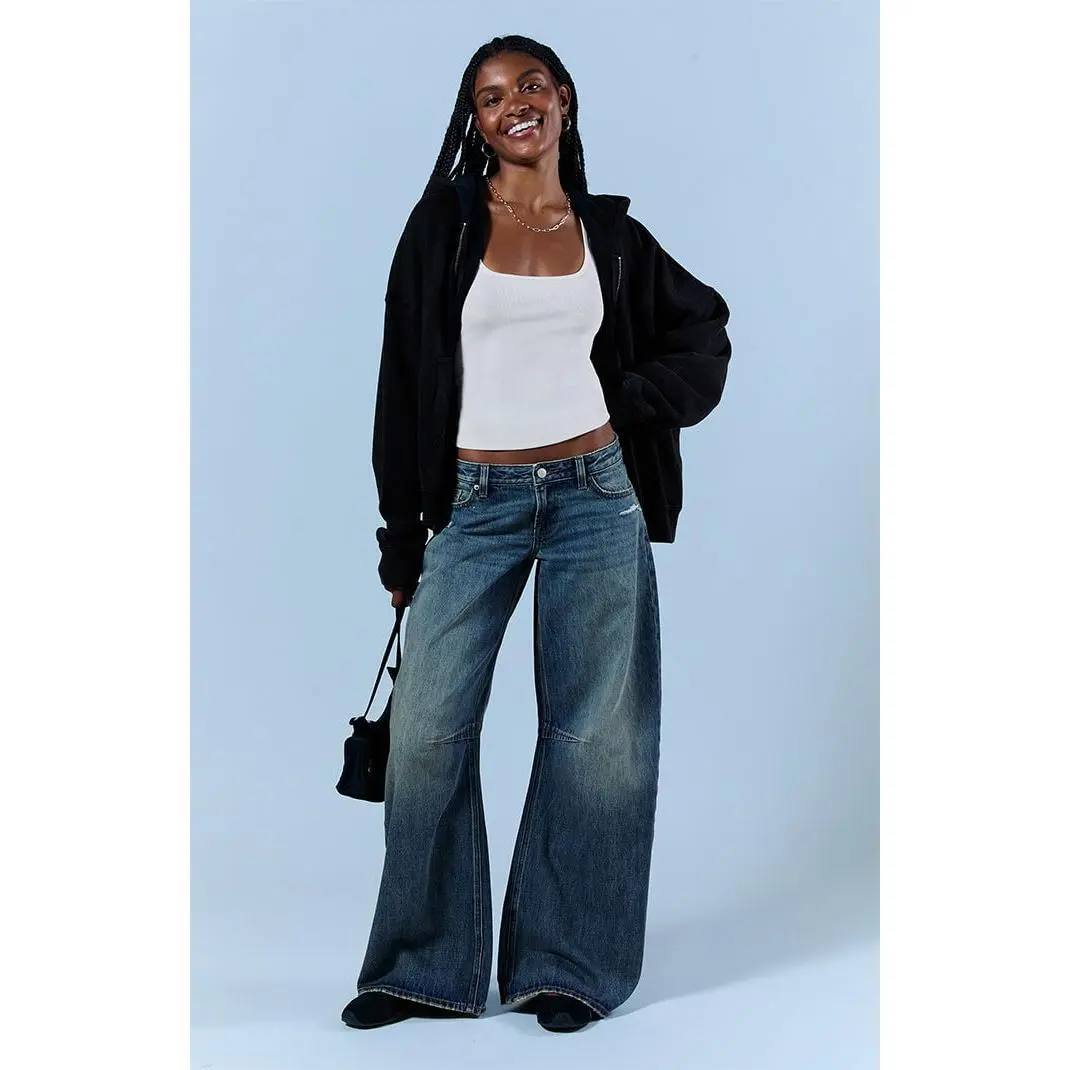 Pacsun Women's Ronnie Ultimate Low Rise Barrel Jeans Ripped Medium Blue Pacsun Women's Ronnie Ultimate Low Rise Barrel Jeans Ripped Medium Blue
