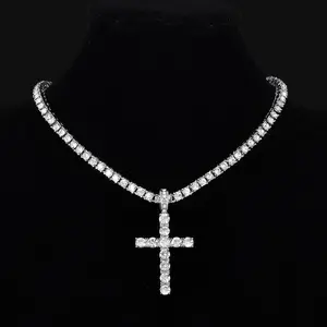 MenWomenHipHopCrossPendantNecklaceWith4mmZirconTennisChainIcedOutExquisiteBlingJewelryFashionTrendyCreative