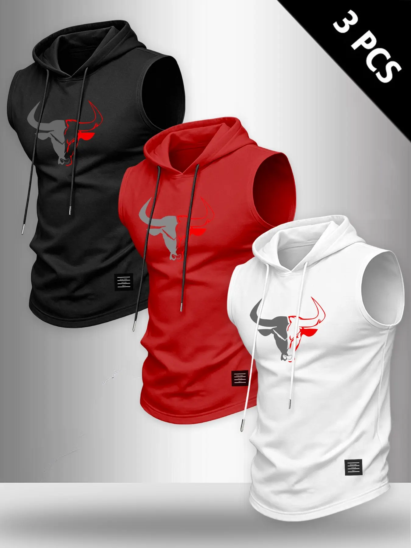 3-Pack Men's Breathable Bull Head Print Sleeveless Hooded Sports Tank Tops, Casual Summer Workout Sleeveless Active Wear Tops for Fitness & Daily Wear