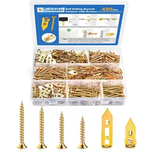 420 count Self Drilling Drywall Anchors with Screws Assortment,Zinc Plated,2025 Upgraded Hollow Wall 2 Sizes Anchors and 4 Sizes Screws Kit, Easy Application No Drill or Holes in Wall