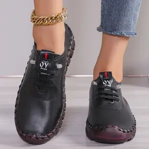 Women's Handmade Flat Casual Sneakers, Round Toe, Multicolor Faux Leather Upper, TPR Non-Slip Soft Sole, Lace-Up Comfort Mother Shoes for All Seasons