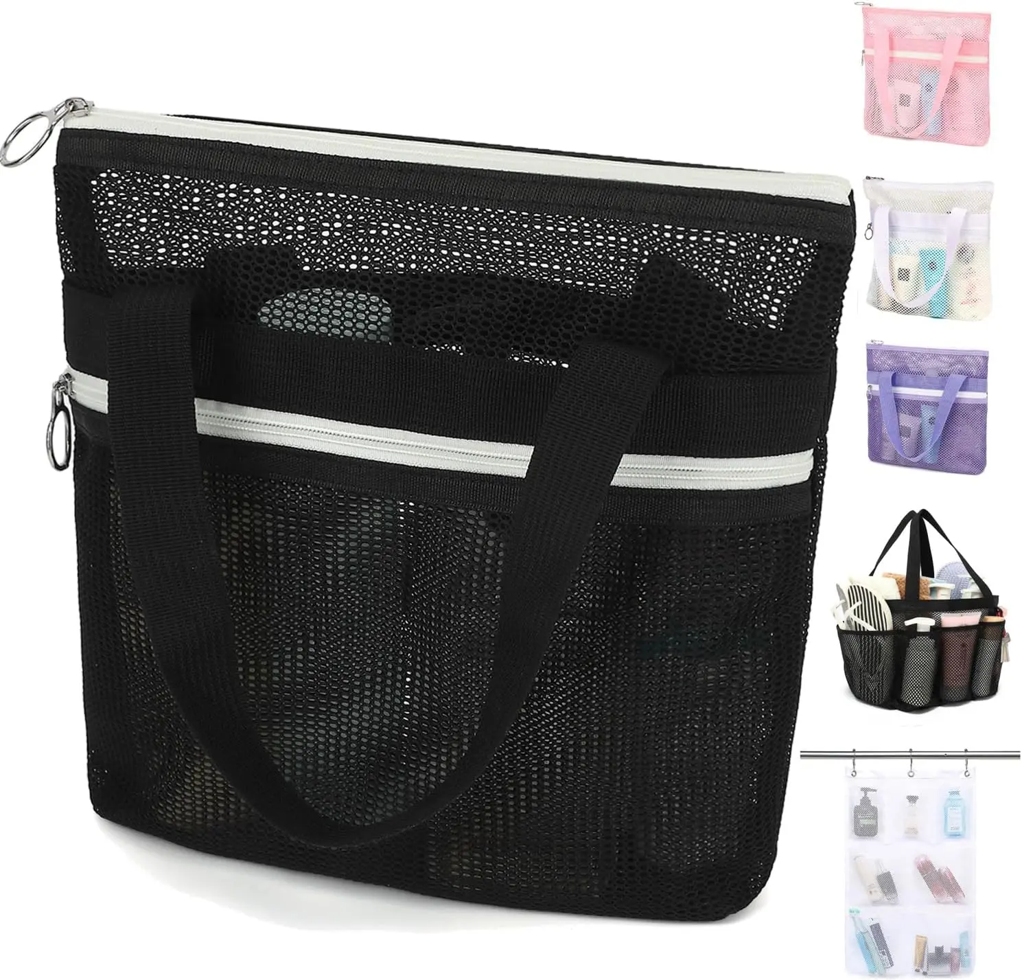 Mesh Shower Bag with 2 Zipper Pockets & Dual Handles, Quick-Drying Hanging Shower Caddy for College Essentials,Sunscreen,Dorm, Gym, Travel & Camping, Black