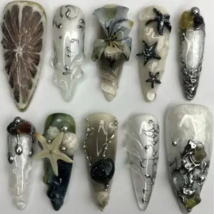 Ocean Fantasy Press On Nails, 3D Starfish, Shell, Pearl Chrome, Metallic Coral Details, Mermaid Core Aesthetic, Halloween Nails