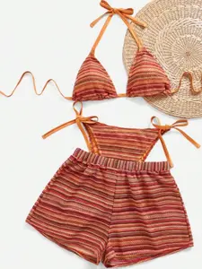【Plus Size】 Striped Pattern Bikinis Set, Casual Fashion Swim Top & Swim Bottom & Cover Up Shorts Set for Beach Holiday Vacation, Women's Swimwear Swimsuit Women for All Seasons