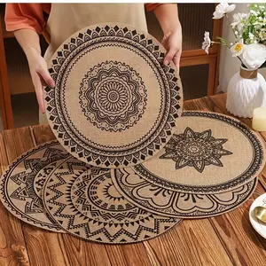 Bohemian Jute Print Woven Mat Set of 6 15 Round Black Linen Table Mats Easy to Clean for Table Decorations Christmas Weddings Compact Storage