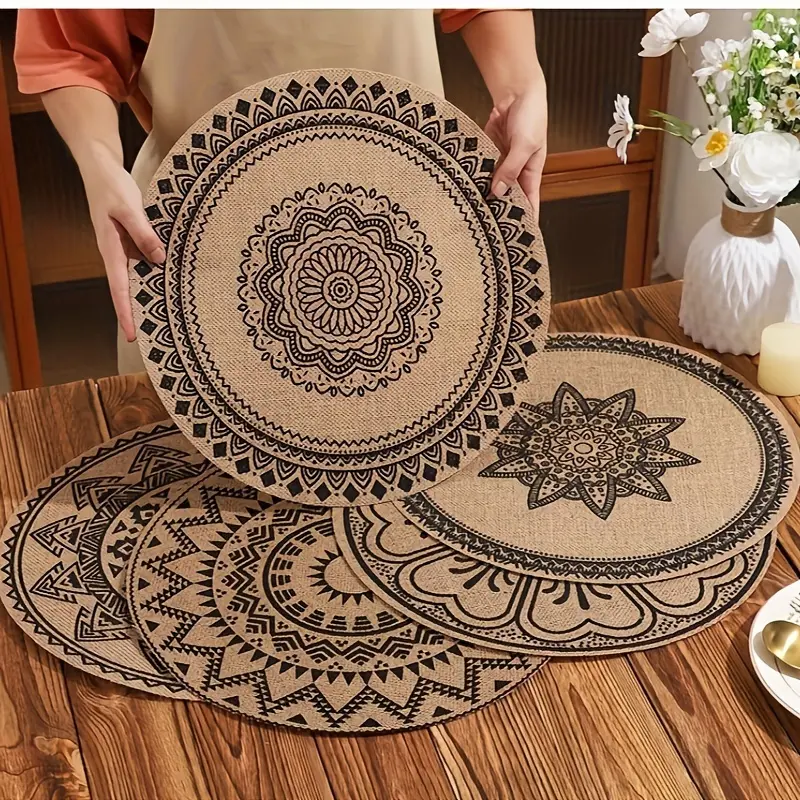 Bohemian Jute Print Placemats Set of 6, 15in Round Black Linen Household Placemats, Easy Clean Care Boho Style Table Mats for Christmas Weddings Decor, Compact Storage French Country Look