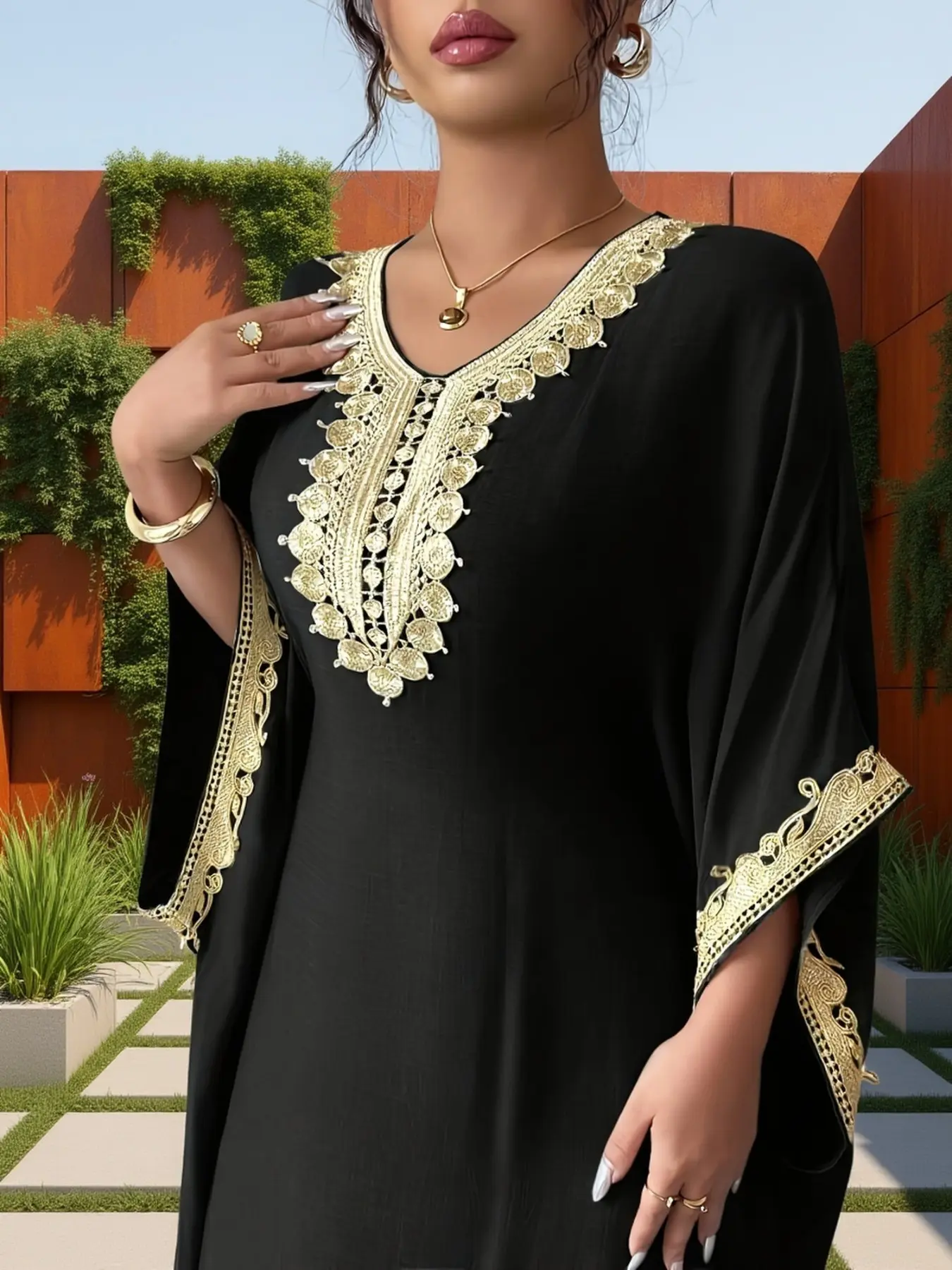 Women's Loose V-Neck Batwing Sleeve Dress, Applique Decoration, Elegant Islamic Clothing, Elegant Stylish Middle Eastern Embroidery Abaya, Turkish Kaftan, Modest Muslim Outfits, Islamic Modesty Clothes, All Seasons