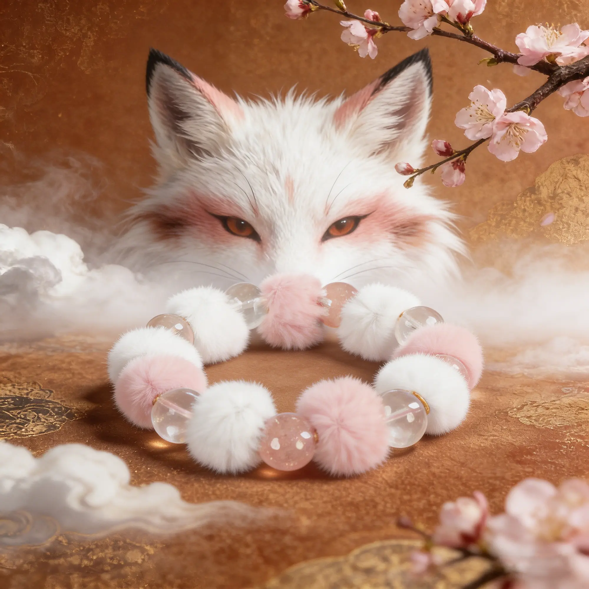 LUMAWU Women's Strawberry Quartz 9-Tailed Fox Charm Bracelet - Fluffy Ball, Lightweight, Natural Pattern, Cute Costume Jewelry for Warm Love & Money Luck, Fluffy Ball Bracelet, Lightweight Bracelet