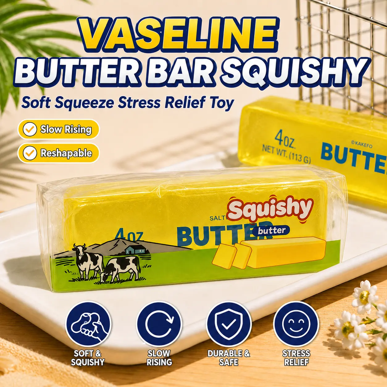Transparent Butter Squishy Toy, 14cm Soft TPR Butter Stick with Petroleum Jelly Filling, Clear Yellow Sensory Squeeze Fidget Toy for Stress Relief, Desk Play and Fun Gifts