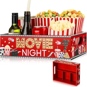 Movie Night Snack Tray with Handles and 4 Compartments Reusable Wooden Movie Gift Basket for Theater Popcorn Bucket Bowl Box Container Family Room Valentine's Day Decor(Red,Cute)