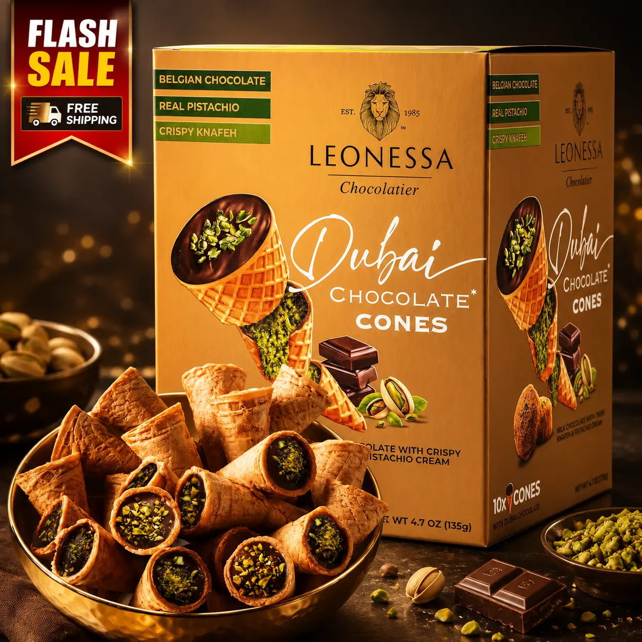 Leonessa Dubai Chocolate Cones with Premium Pistachio Kunafa Filling – Luxury Belgian Milk Chocolate Cones Inspired by Dubai, Crispy Kunafa Dessert Snack, Rich Pistachio Cream Center, Gourmet Sweet Treat, Perfect Gift Box, Premium Chocolates Dubai, 4.7 oz