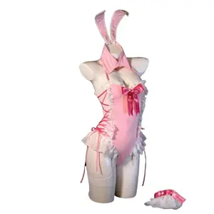 Adorable Bunny Girl 3PC Cosplay Set - Pink/Red Rabbit Bodysuit + Head Ears + Cuffs, Cute Party Outfit for Women