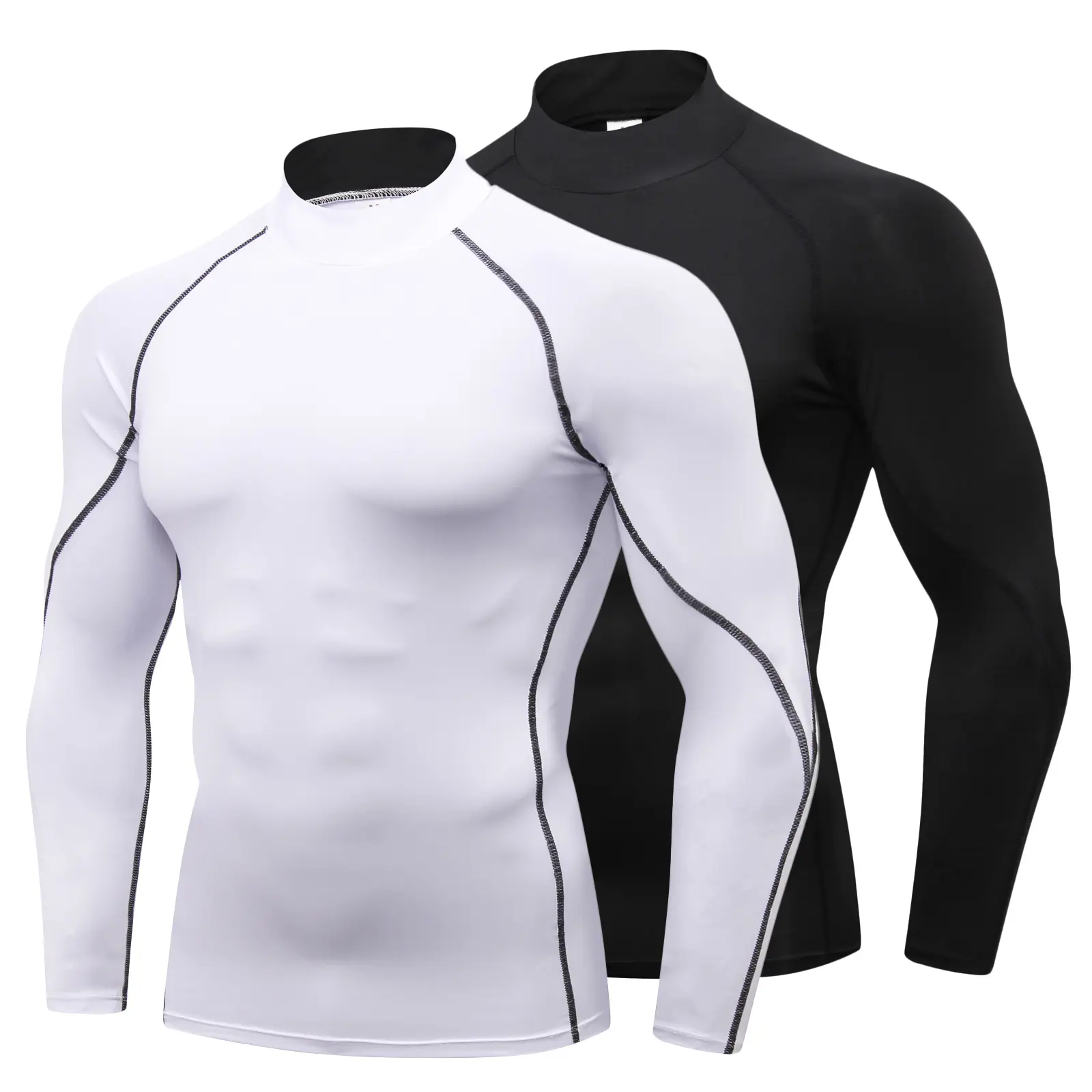 Men's 2 Pack Compression Top, Long Sleeve Mock Neck Polyester Base Layer, Dry Fit Wicking Athletic Shirt for Workout & Running