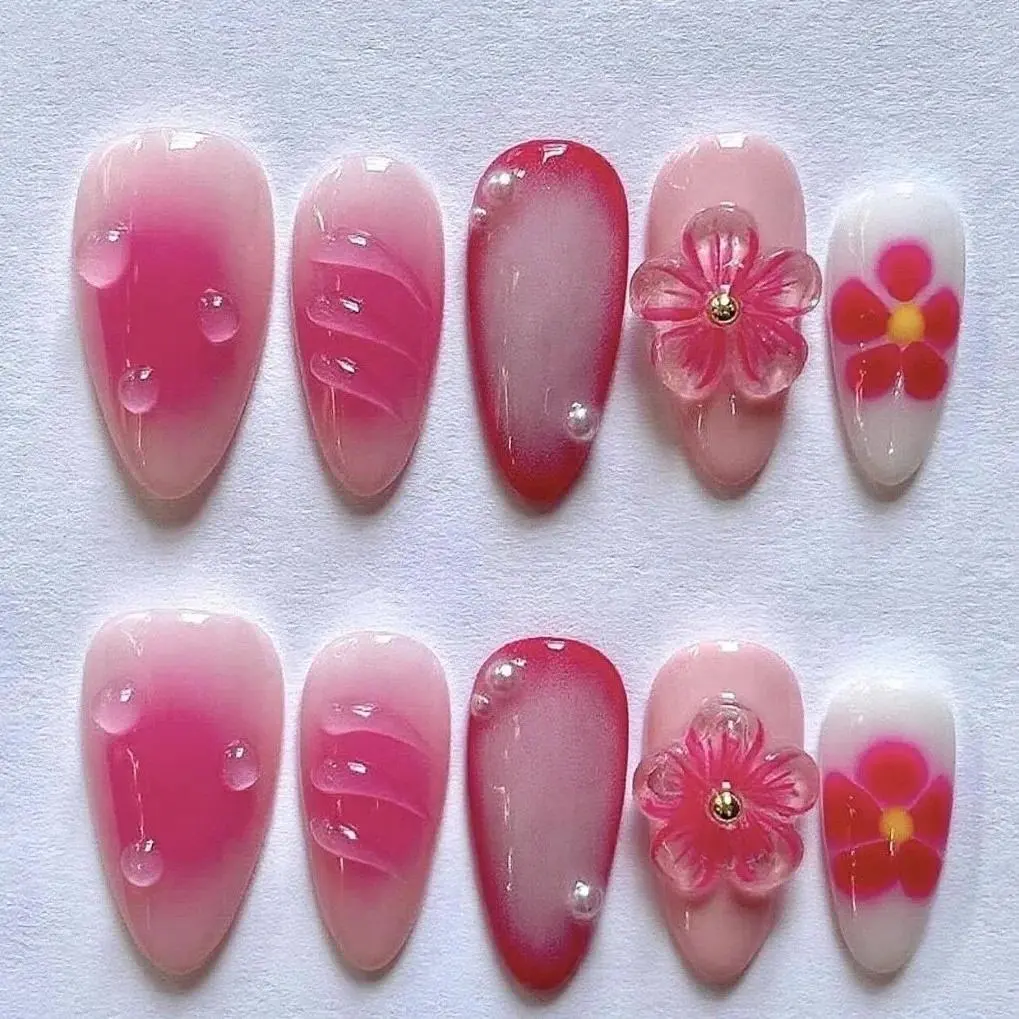 24Pcs Mid-length Gilded Almond Nails Set Press on 3D Flower Gradient Pink Full Cover False Nails Tips Pearl Reusable Fake Nails 24Pcs Mid-length Gilded Almond Nails Set Press on 3D Flower Gradient Pink Full Cover False Nails Tips Pearl Reusable Fake Nails
