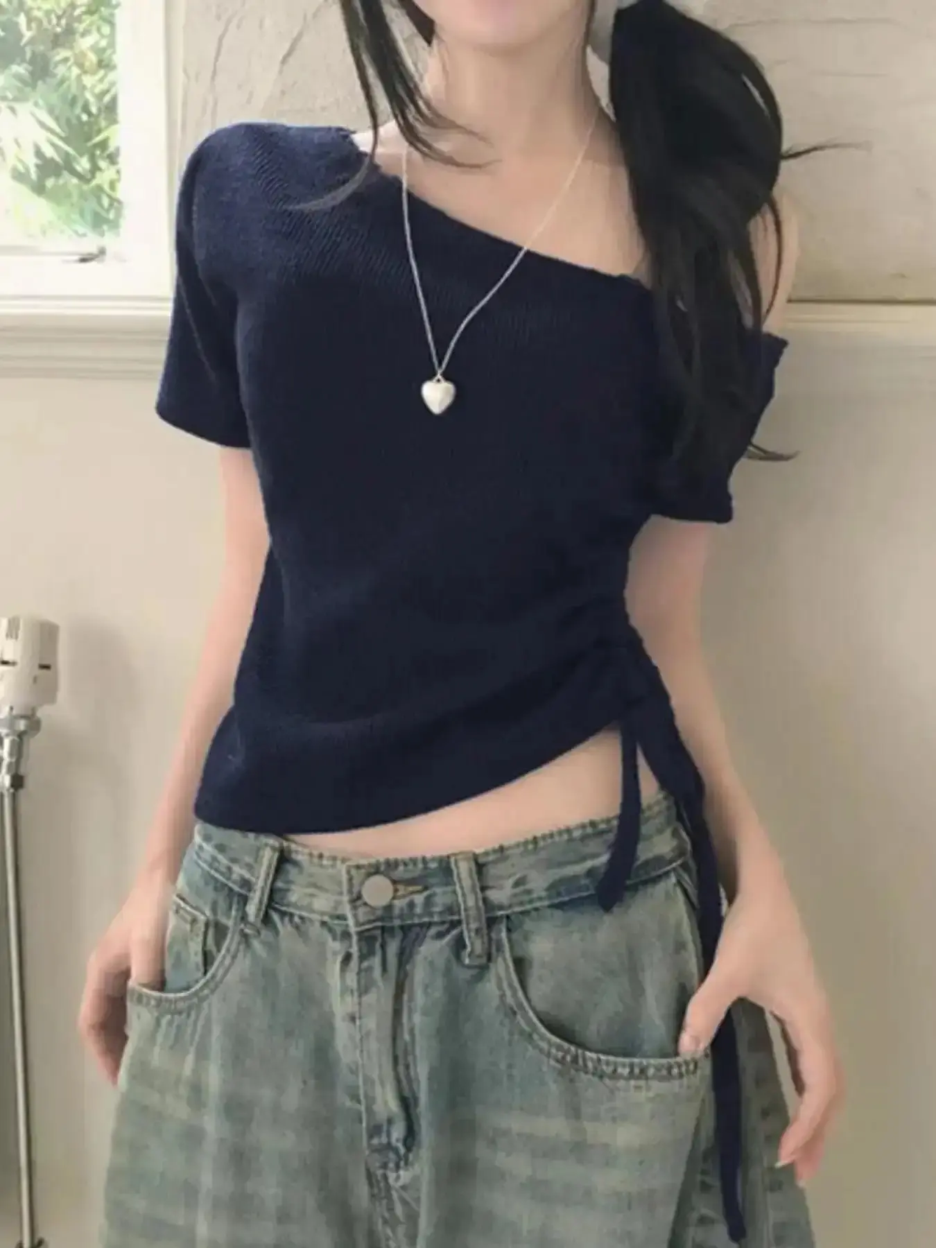 Lace Patchwork T-Shirt, Asymmetrical Shoulder Drawstring Design, Casual Summer Top, Adjustable Slim Fit Short Sleeve Tee for Women, Womenswear breathable figure flattering going out top brunch outfit