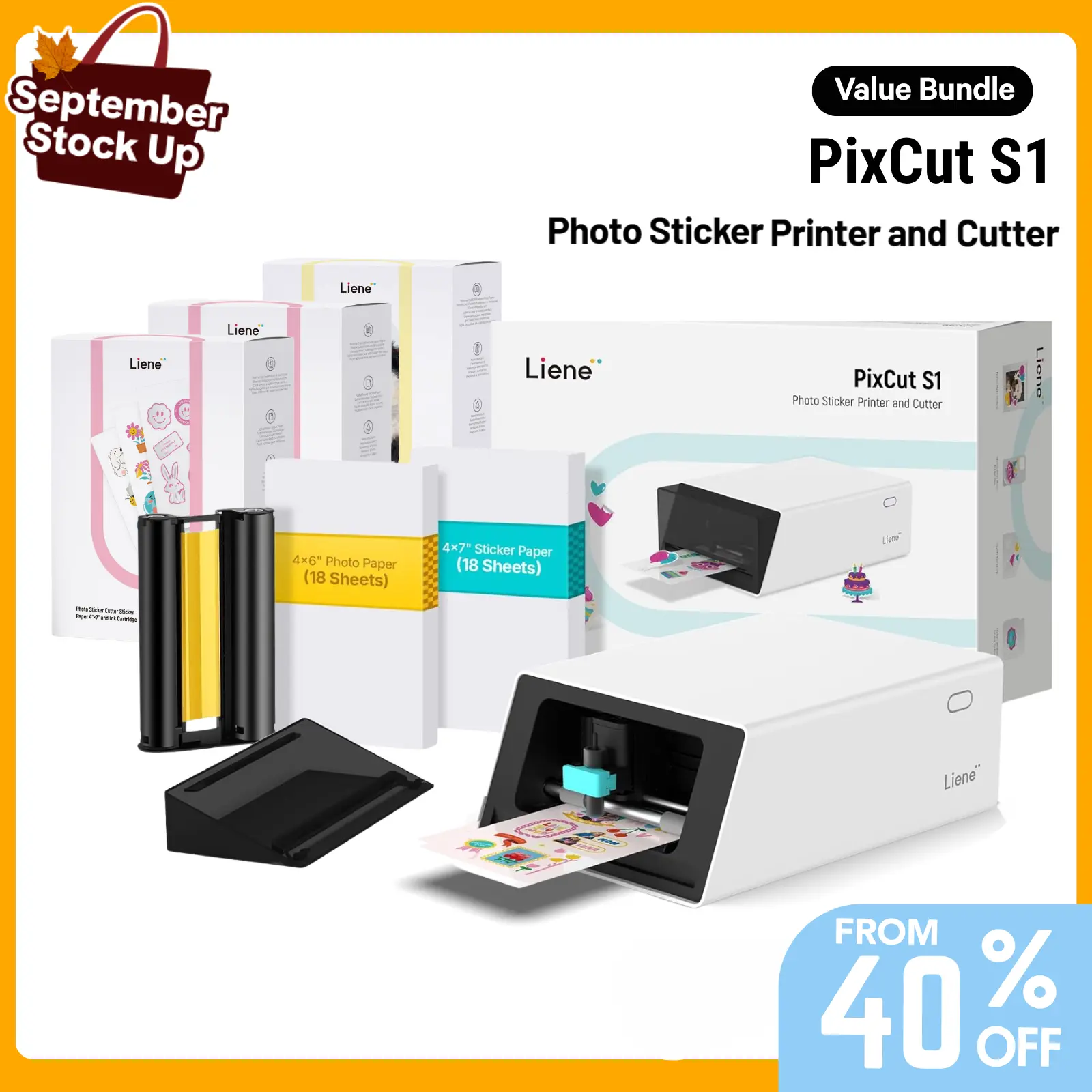 Liene PixCut S1 All-in-One Color Sticker Printer & Cutting Machine, Sticker Maker for DIY Crafts, Custom Labels & Gifts, Thermal Dye-Sublimation Photo Printer, 300 DPI, Color Label Maker, Precise AI Auto-Cutting, Back to School, Dorm Decor, StockUp