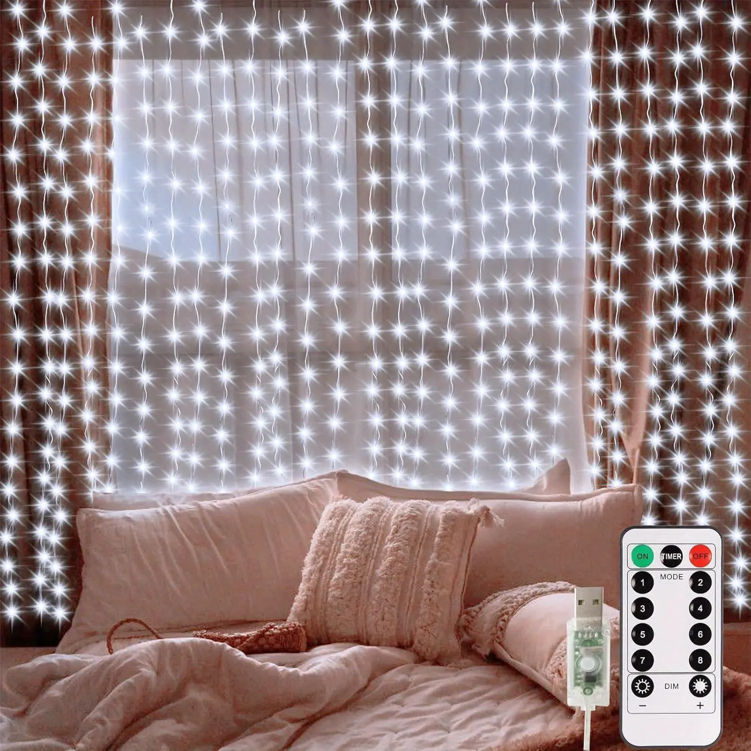 2-Pack USB-Powered LED Curtain String Lights with 300 Copper Wire Beads, Remote Control (Batteries Included), White Light, USB Plug for Home Rooms, Holiday Parties, Christmas Decorations, String Light