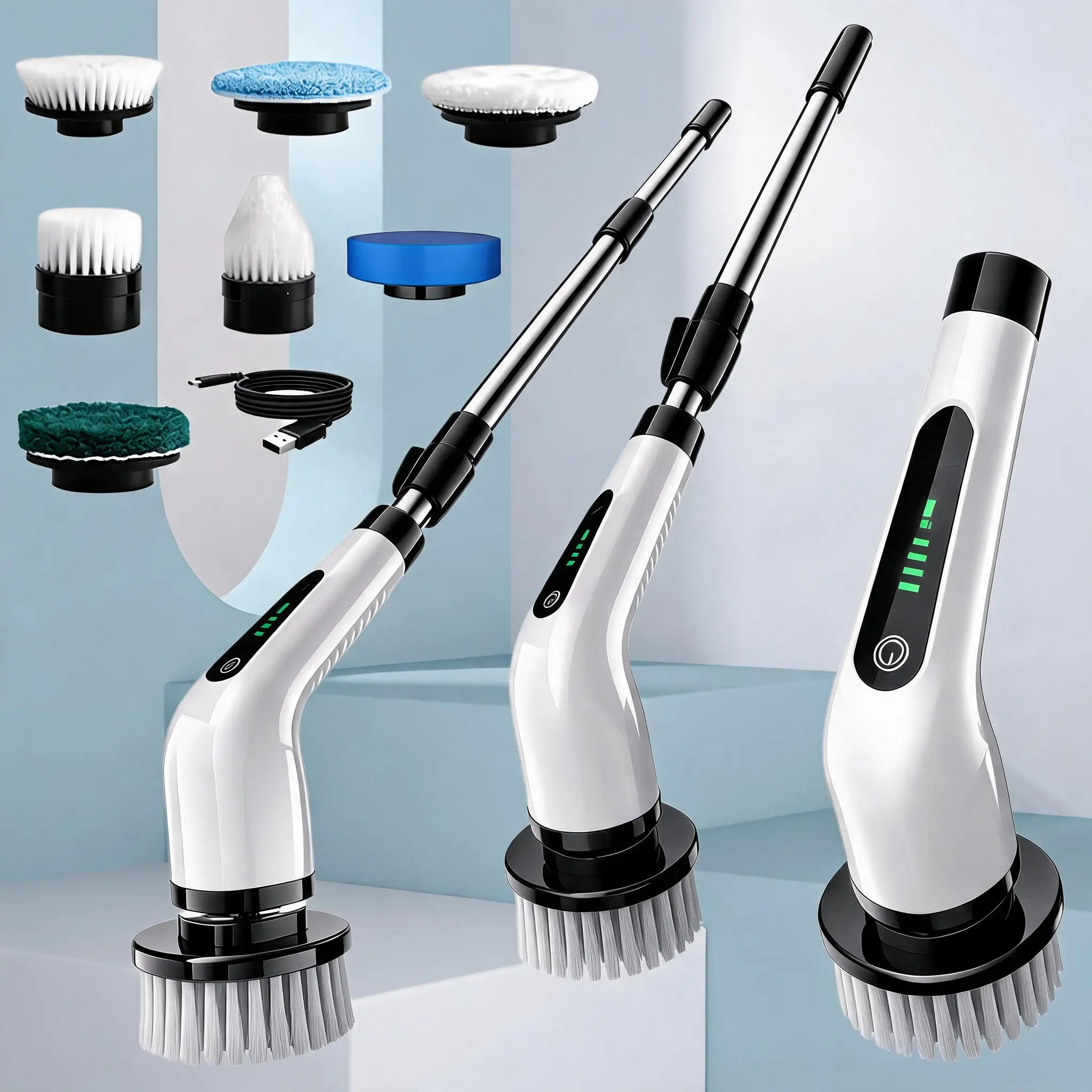 KOLAGAN Cordless Electric Spin Cleaning Brush With Battery Level Display, 7 Replaceable Brushes & 2-Speed Adjustment, Detachable Telescopic Handle - Suitable For Kitchen, Living Room & Bathroom