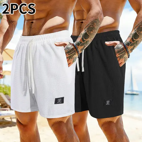 Men's 2-Piece Fitted Corduroy Streetwear Shorts, Solid Beige, Casual, Drawstring Elastic Waistband, Side Pockets, Ideal for Daily Wear & Vacation