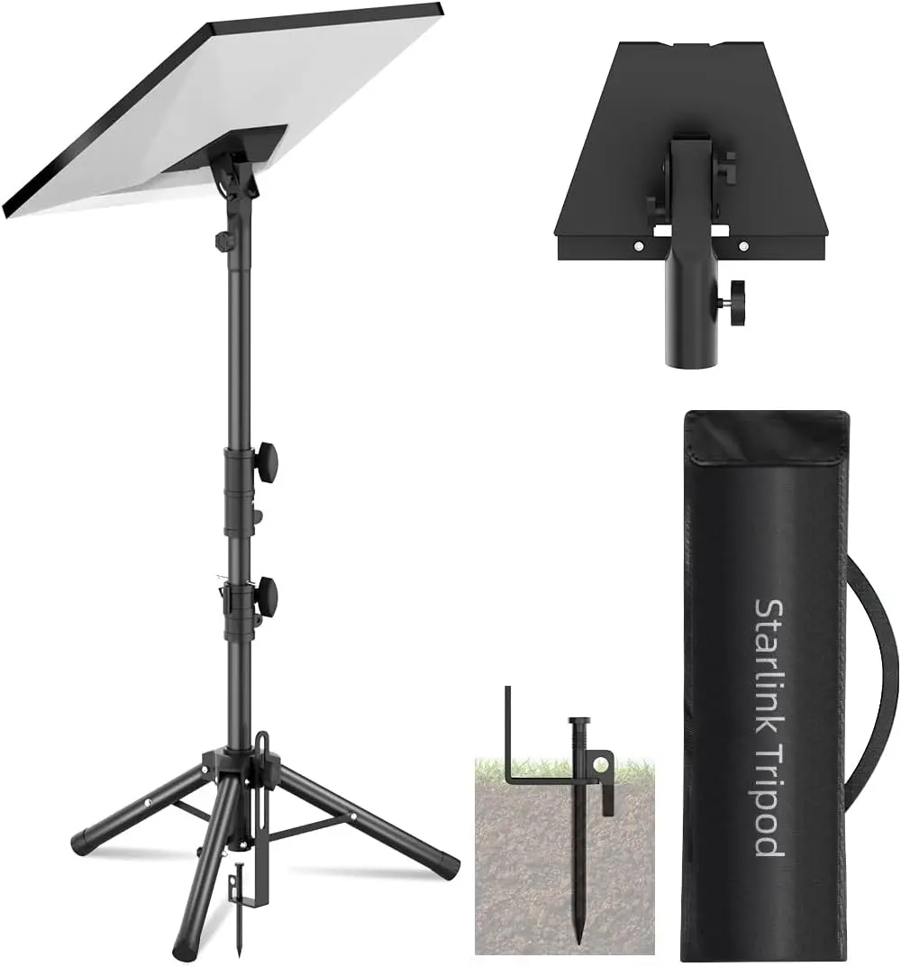 Futrue-wolker Starlink Gen 3 Mount Accessories - Stainless Steel Portable Stabilizing Kit with Adjustable Height Tripod Stand, 90° Tilt Antenna Pipe Adapter, Black Mount Adapter, 60 Lb Capacity, Car-Side, Compact Storage Design, Camping Use