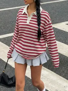 Women's Striped Polo Shirt, Long Sleeve, Collar Design, Loose Fit, Casual Vintage Style, Outdoor Wear, Comfortable All Seasons