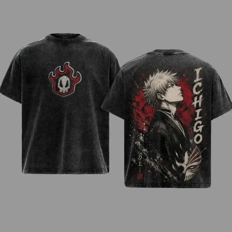 Unisex Ichigo Kurosaki Bleach Vintage Washed Oversized Heavyweight Cotton T-Shirt - Double-Printed Hollow Mask Anime Graphic, Soul Reaper Side Portrait Manga Artwork, Japanese Streetwear Collector Gift
